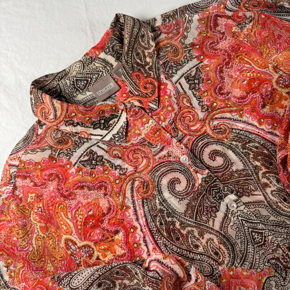 Chico's Size 3 XL Multicolor Paisley Print Roll Tab Sleeve Button Down Shirt